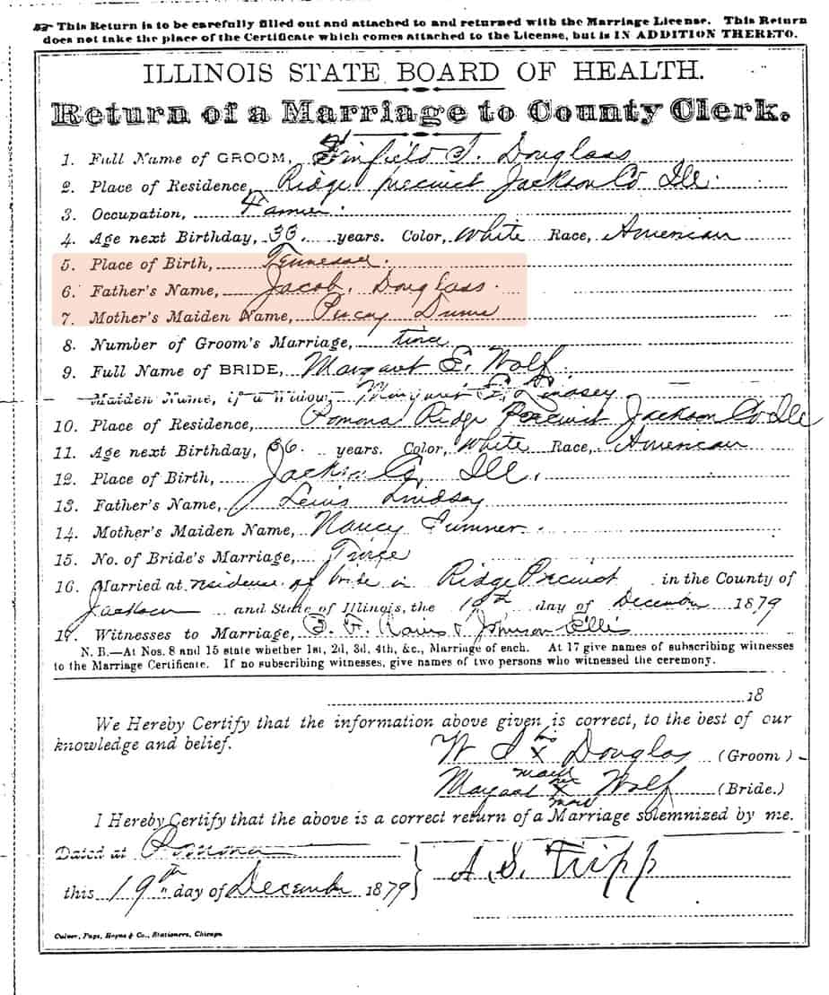 Winfield Scott Douglas Marriage License