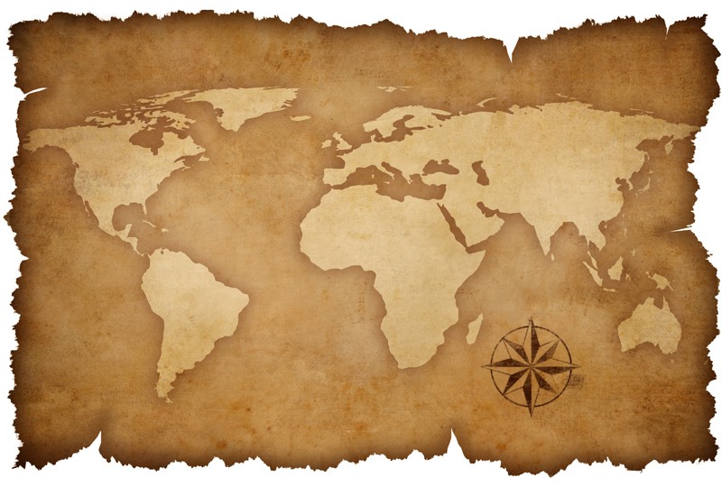 world map with rose compass