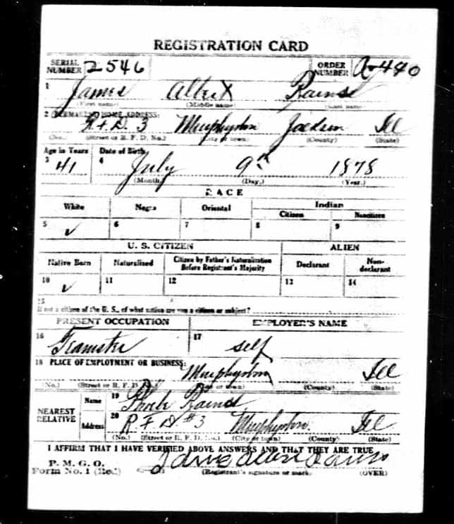 James Albert Raines WWI draft registration card front