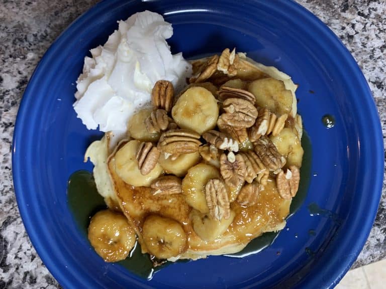 Overhead view of Pancakes on a blue plate